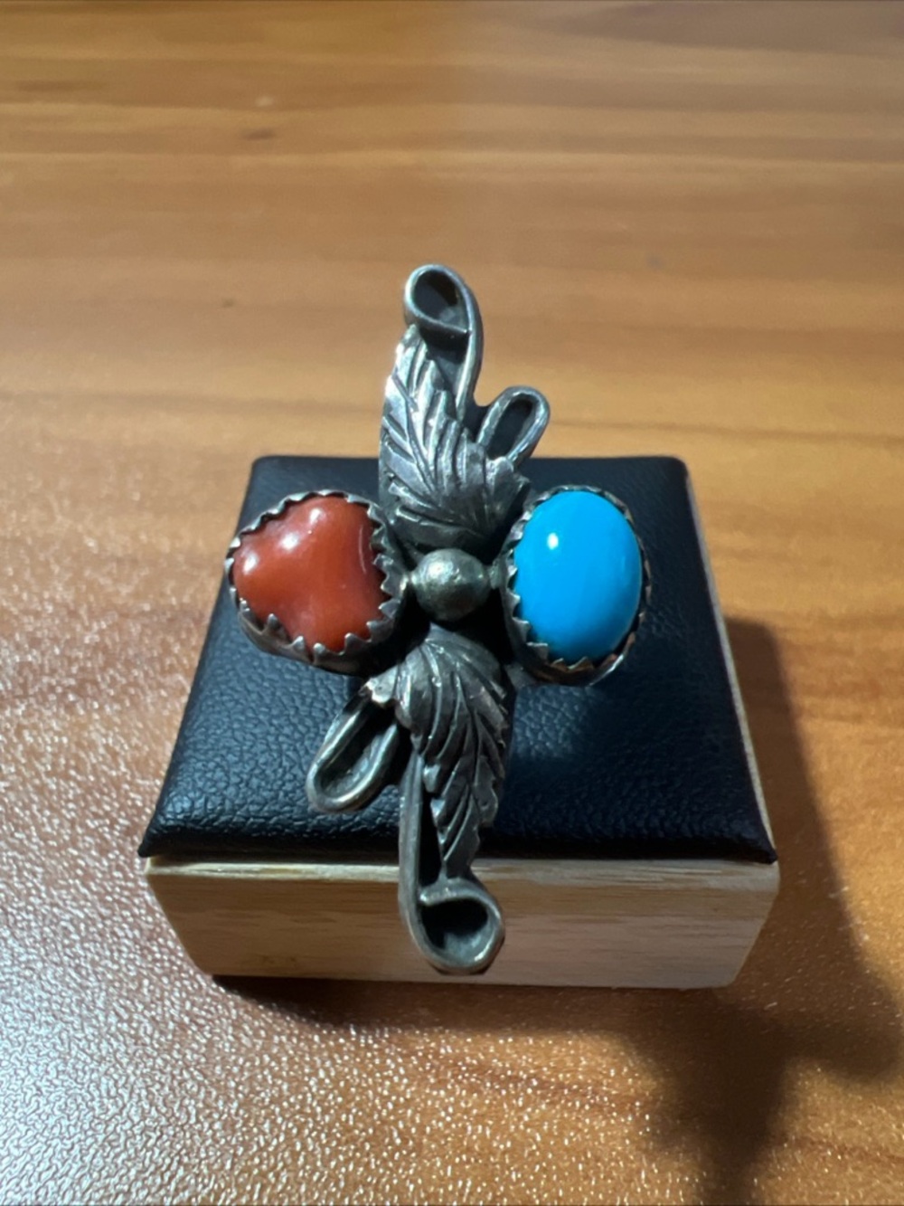VTG Sterling Silver Turquoise Coral Ring Native American Signed Bickle Sz 6.5
